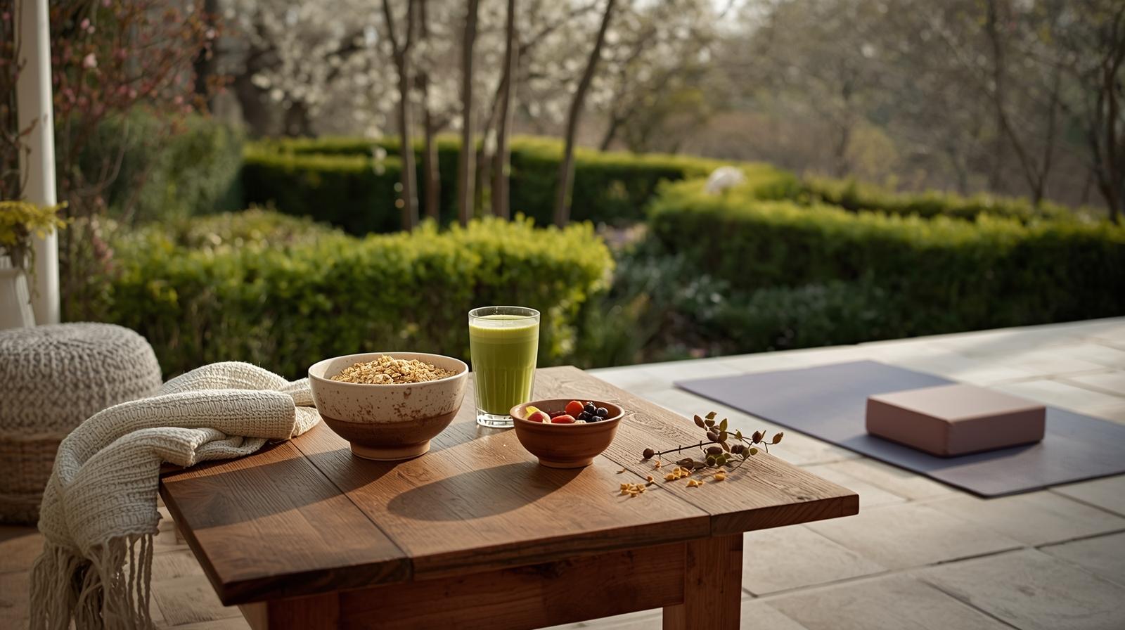 stůl na terase, na stole miska s mlékem a granolou, vedle sušené ovoce, na stole ještě ve sklenice matcha shake, na zemi na terase joga podložka a joga block, za terasou zahrada, s keři, stromy a jarními květinami